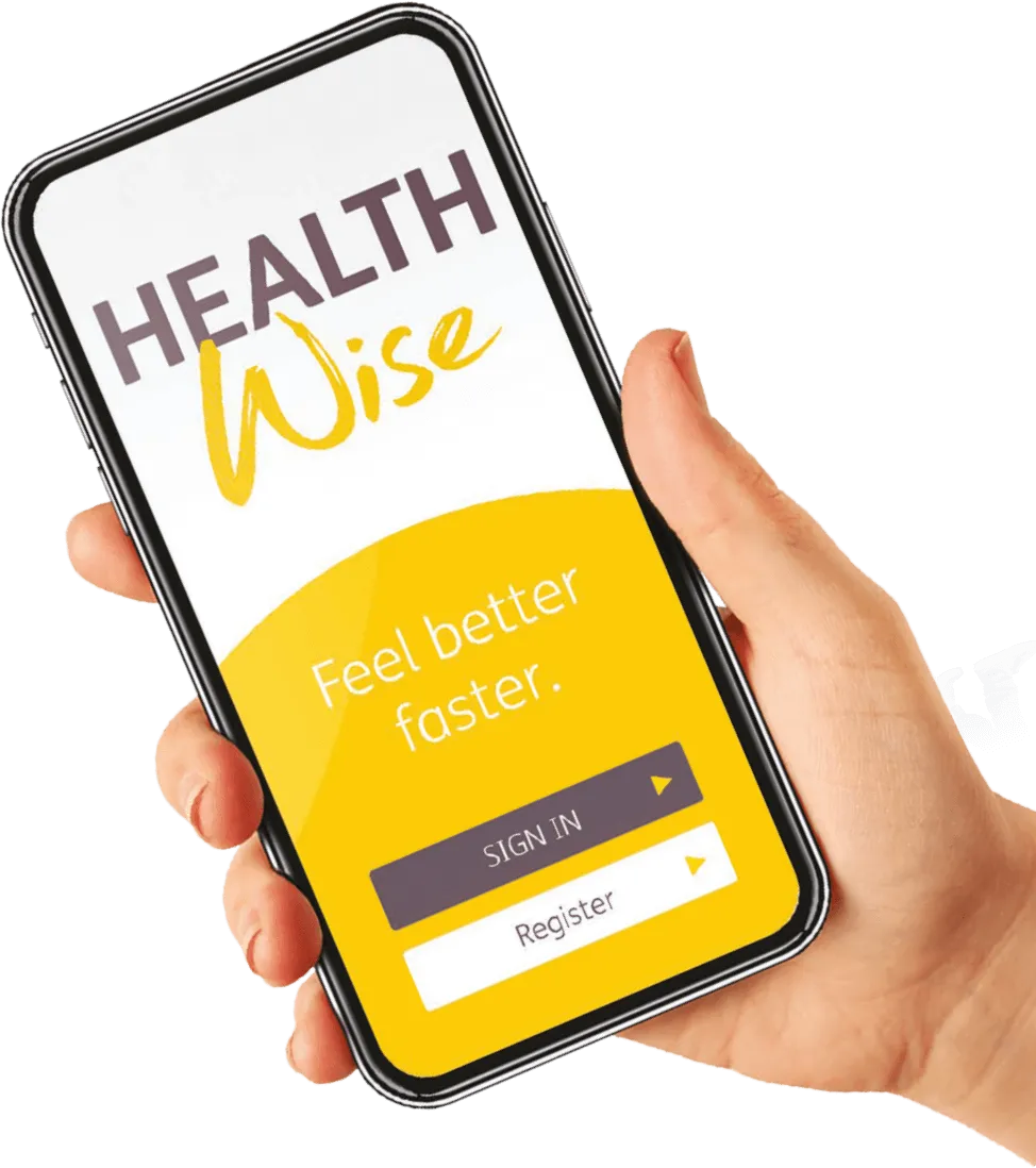 Hand holding phone showing HealthWise app